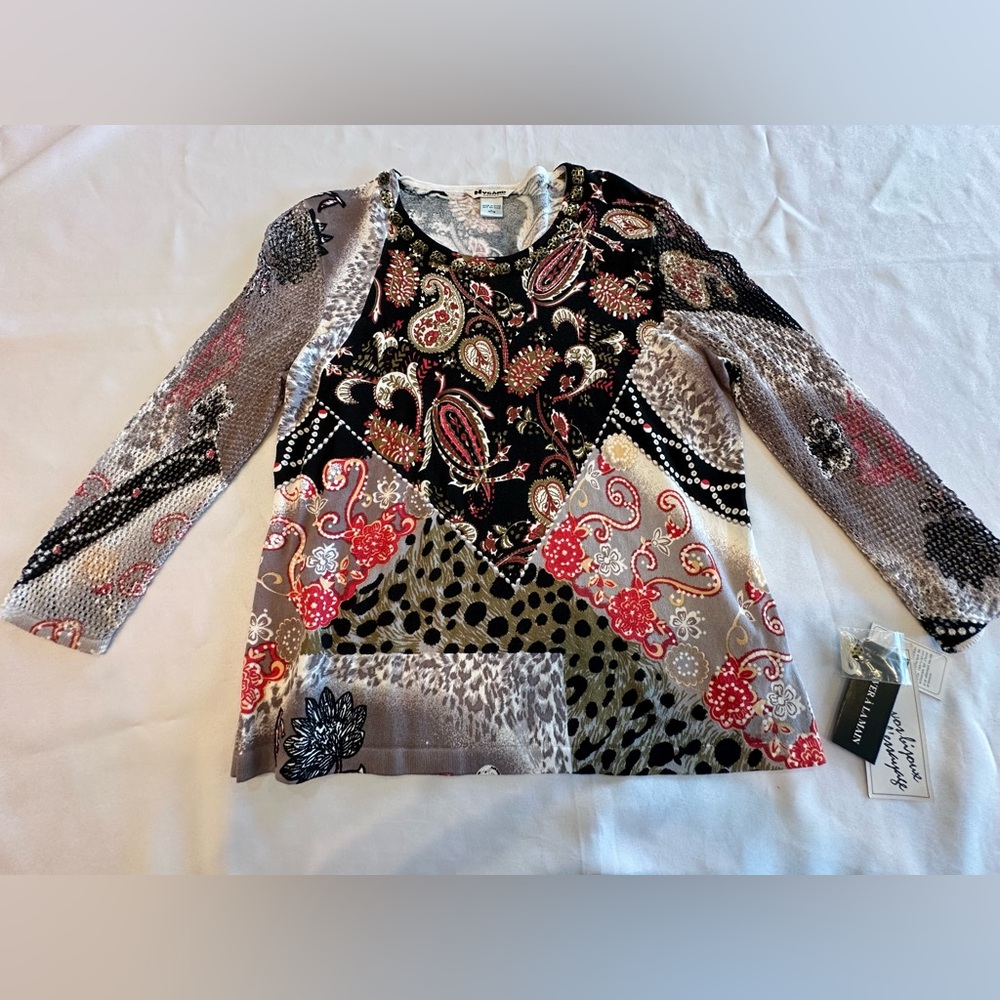 NWT NYGard Multicolor Animal Print Paisley Light Sweater Mesh Sleeves Sz Large
